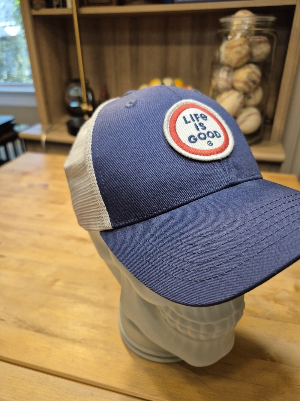 Life Is Good Blue and White Mesh Trucker Cap with Round Patch